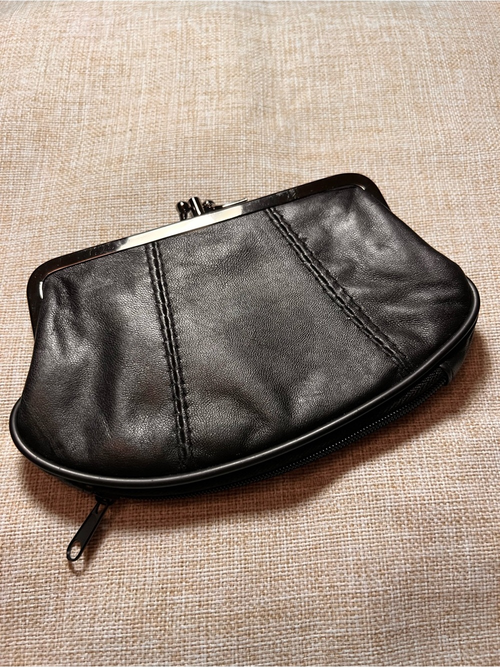 VINTAGE Small Black Leather Clasp Coin Purse with Zipper Sections